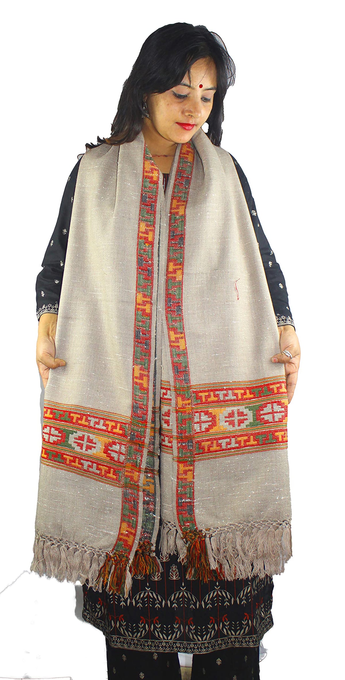 Genuine HandWoven Kullu Woolen Shawl LIGHT GREY- Colored with Beautiful HandWoven Embroidery for Women and Girls.