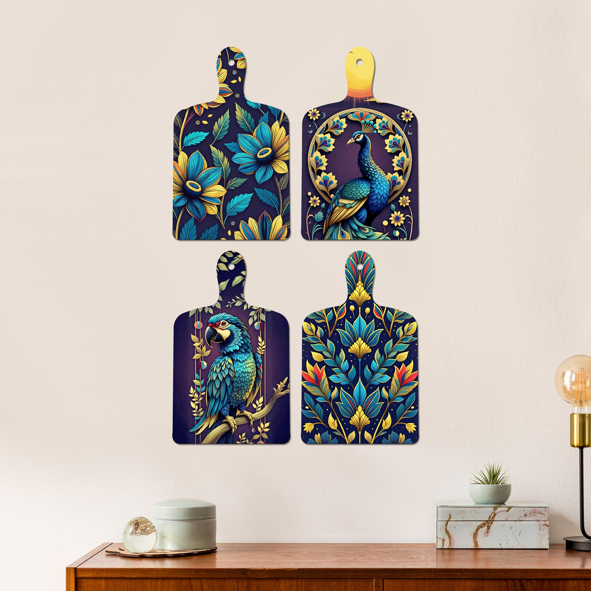 Artvibes Indian Peacock & Parrot Floral Art Wooden Wall Hanger for Home Decor | Living Room | Office | Wall Art Painting For Hall | Graphic Artwork | Wall Poster | Unique Gift (WH_5654N), Set of 4