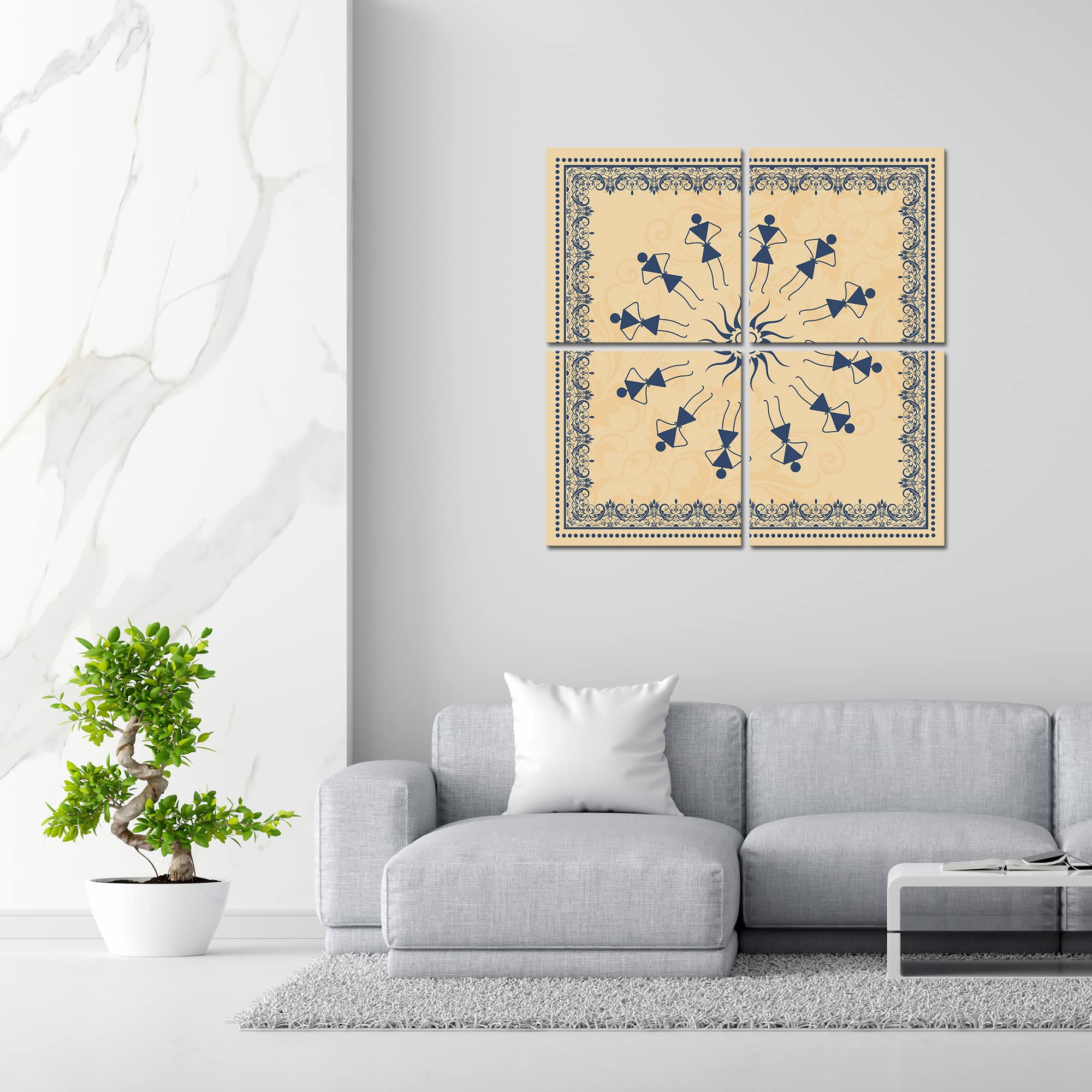VIBECRAFTS 4 Pieces Warli Art Canvas Wall Hanging Painting Fitted With Wooden Frame For Home | Office | Living Room | Gifts (PTVC4Pcs5_16605)