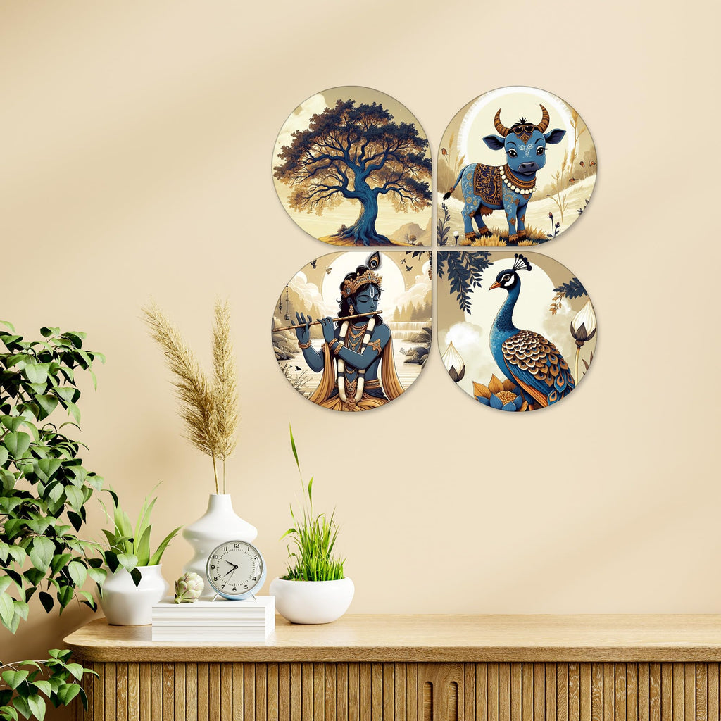 Artvibes Krishna Traditional Wooden Art Decoration Item for Living Room | Living Room | Office | Cafe | Painting Wall Decor | Wall Art Print | Ethnic Wall Decor | Unique Gift Item (WH_8453N), Set of 4