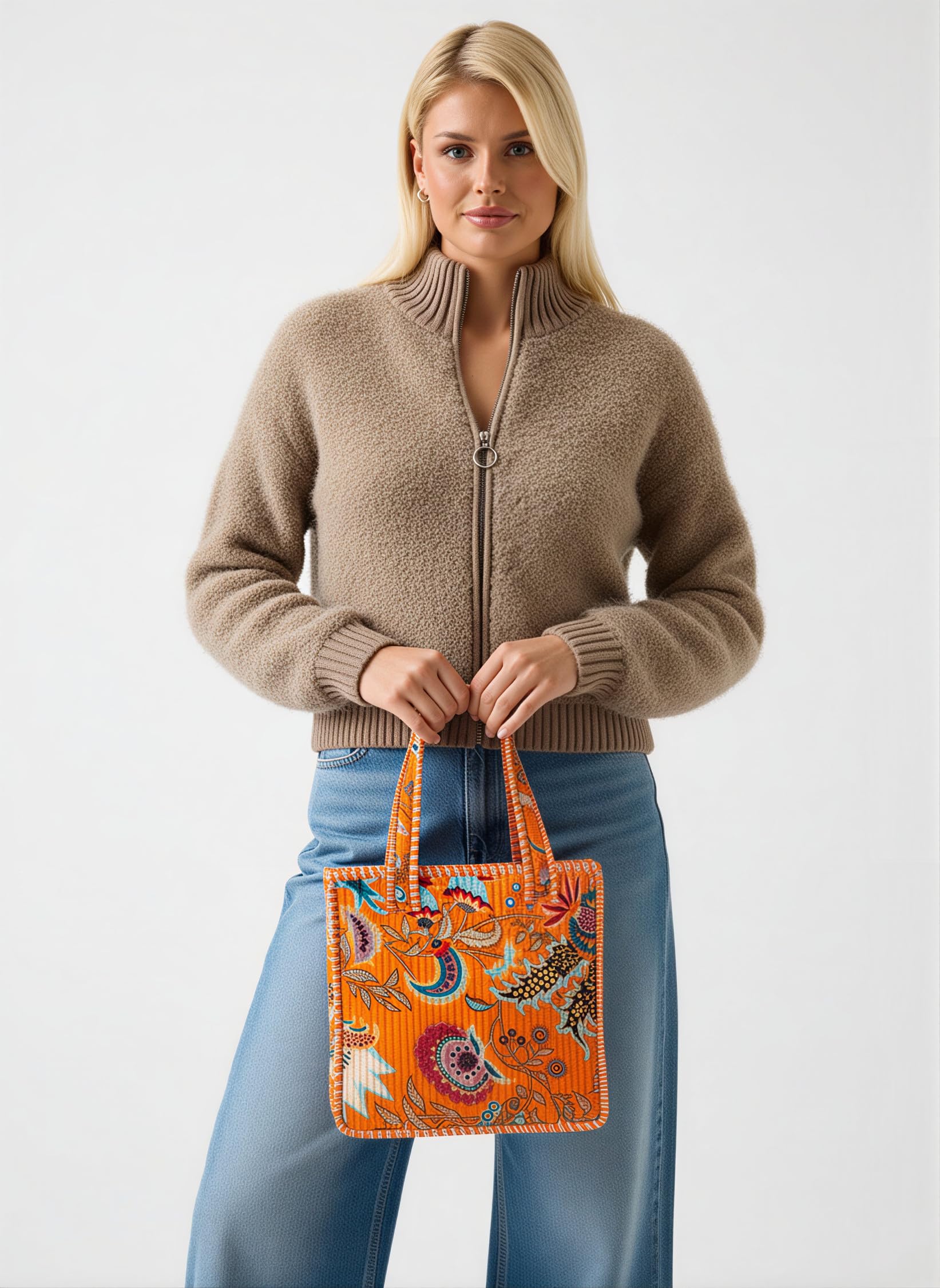 Cotton Quilted Tote Bag for Women, Jungle Print Handbag, Reusable Shoulder Bag with Dual Handles, Lightweight Travel Shopping Tote, Large Capacity Everyday Carry Bag - (Orange tiger bag, 12×12 In)