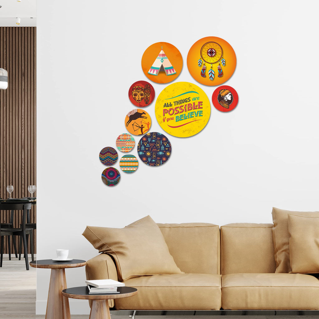 Artvibes Nature Round Shape MDF Wooden Wall Decor Items | Art For Wall | Door Decoration Items | Paintings For Wall | Wall Illustrations | Handcrafted Art | Unique Gift Items (WPS_104N), Set of 11