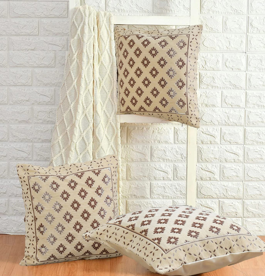 DECOMIZER Jacquard Geomteric Cushion Covers 16 inch x 16 inch Set of 3 Ethnic Motifs Cushion Covers,Design- Diamond,Color- Cream-240 TC