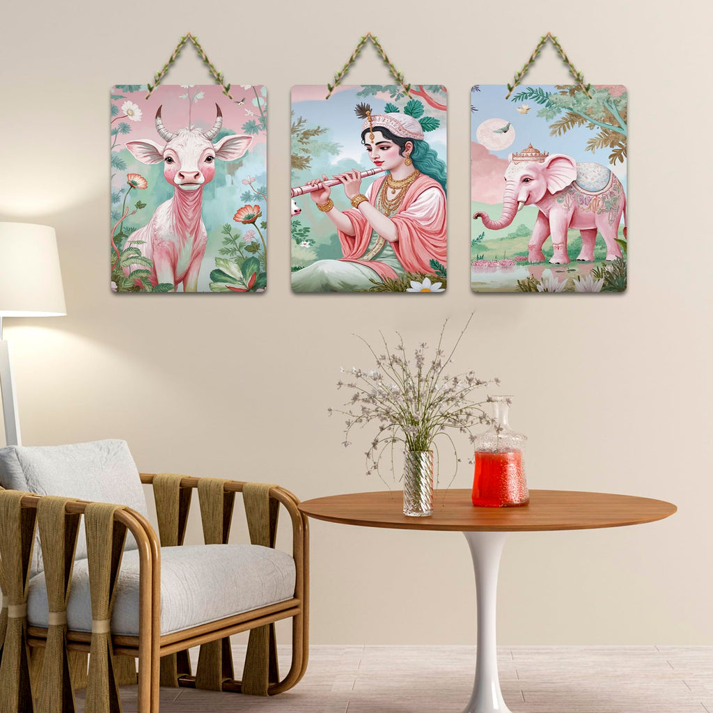 Artvibes Blissful Krishna Cow & Elephant Nature Art Wooden Wall Hanger for Home | Spiritual Decor Items | Wall Poster | Artwork| Stylish Modern Decor Item | Gift Items (WH_9650N), Set of 3