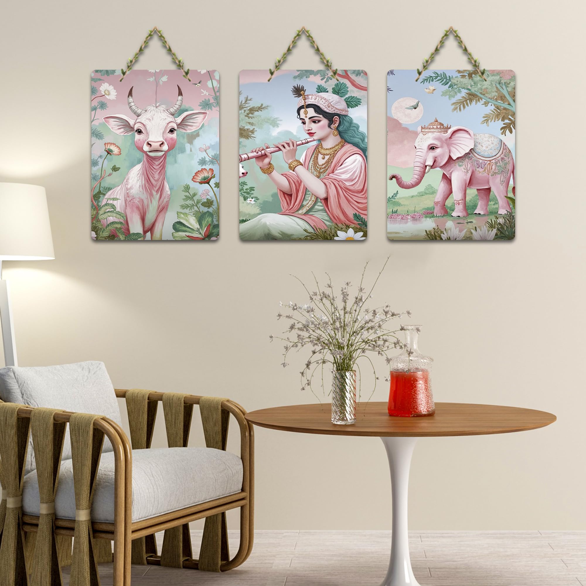 Artvibes Blissful Krishna Cow & Elephant Nature Art Wooden Wall Hanger for Home | Spiritual Decor Items | Wall Poster | Artwork| Stylish Modern Decor Item | Gift Items (WH_9650N), Set of 3