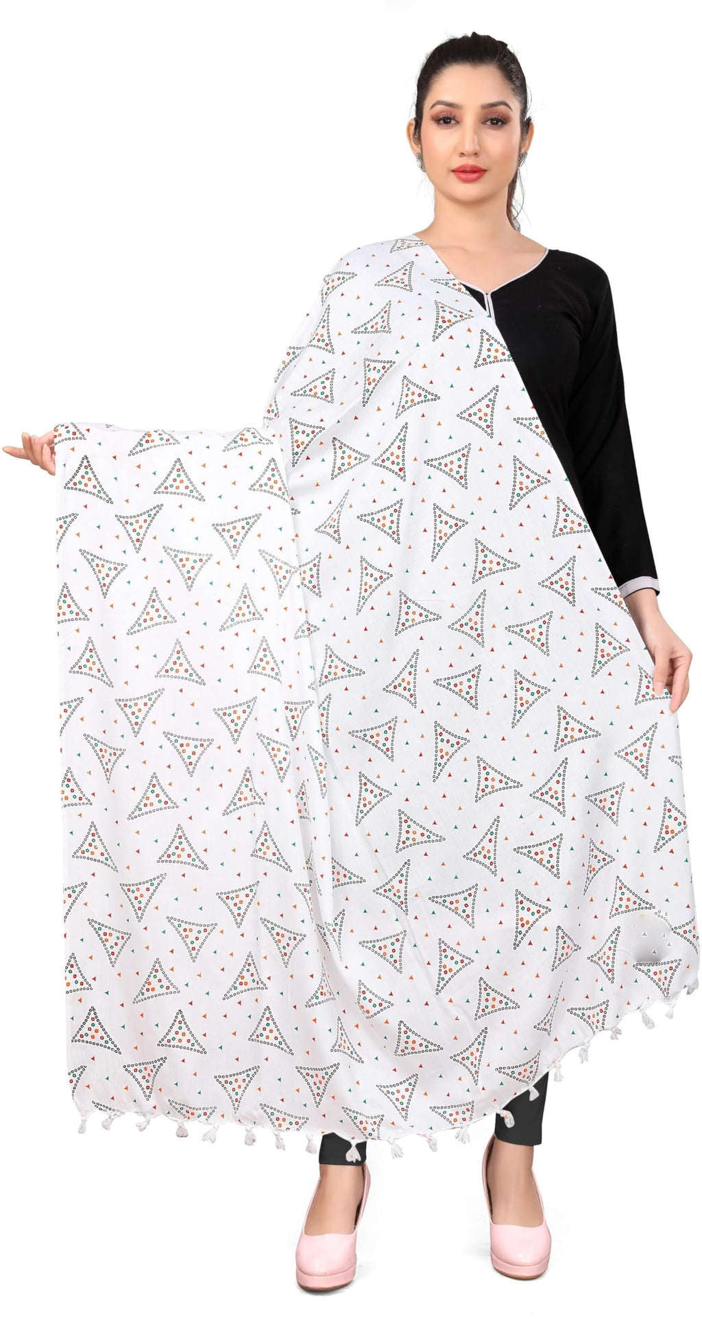 Sclout Soft Cotton Breathable Sun Protection Scarf Dupatta Usable for vehicle Driver | White Printed Design Stoles | Universal Size | For Girl & Women | Light Weight (Stole - Samosa)
