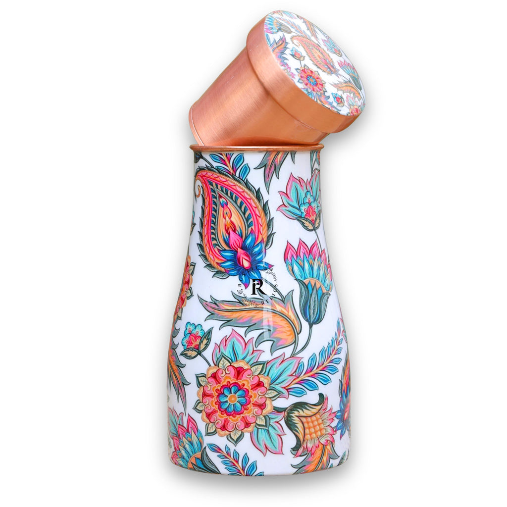 RUSTIC RELICS Meena Print Copper Water Bottle Jar - 1L | With Inbuit Glass In Lid | Beautiful And Elegant Meena Print Design | Kitchen And Bedroom Sugar Water Storage Pot