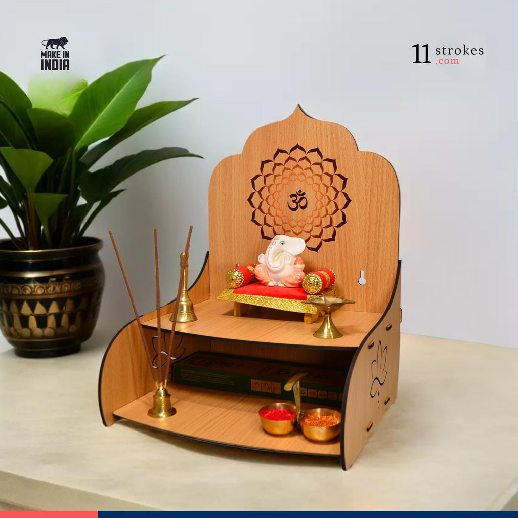 11 Strokes Samarpan Wooden Pooja Mandir for Home Small Size - Foldable DIY Wall Mount Devghar - Modern Singhasan for God & Small Wooden Temple, Puja Stand