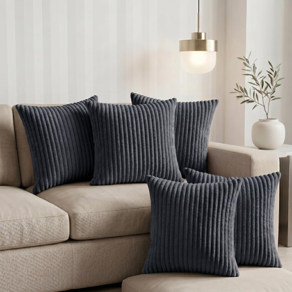 Yellow Weaves Pencil-Stripe Fur Cushion Covers | Soft Polyester | Decorative Sofa & Throw Pillow Covers | 16x16 Inches, Pack of 5 (Bluish Grey)