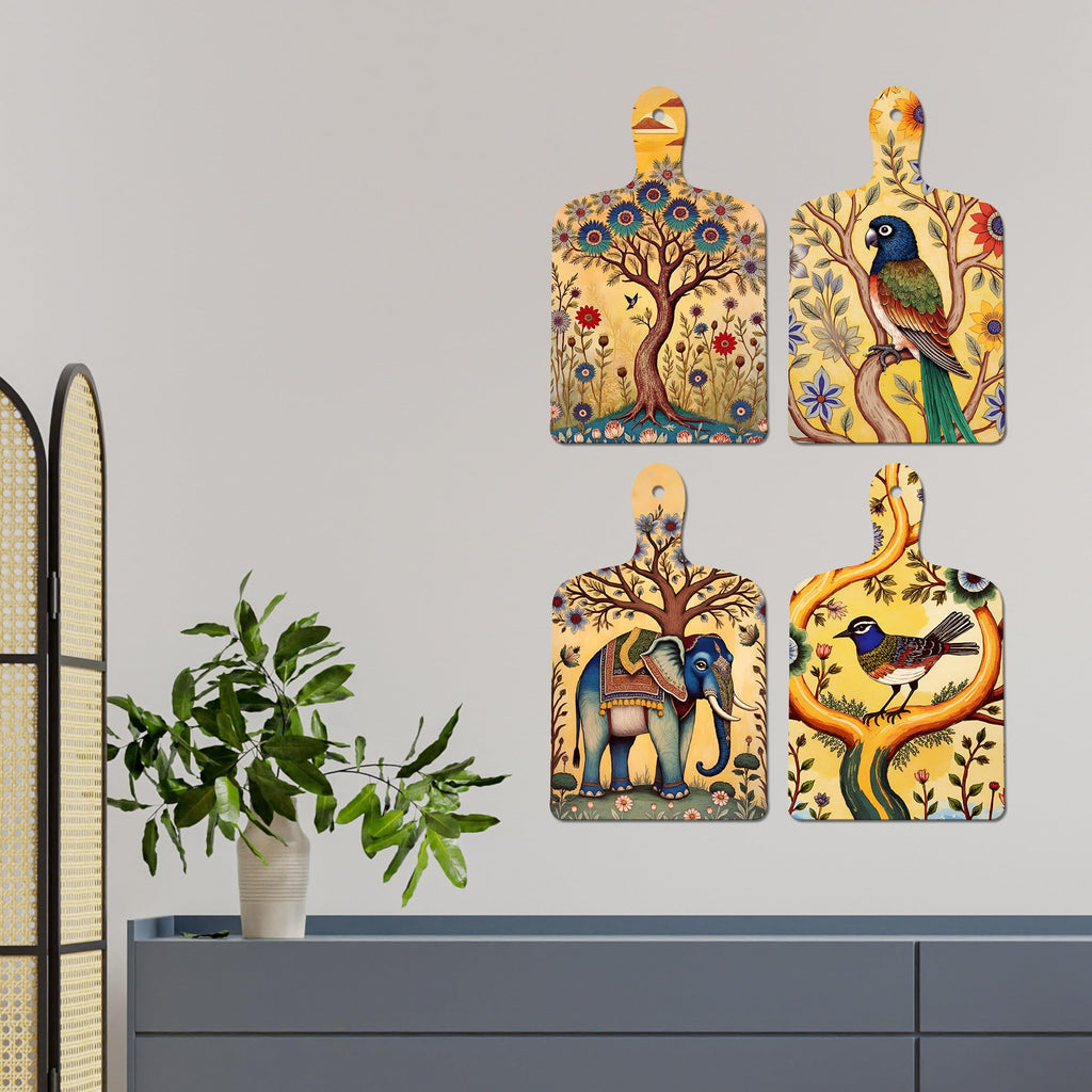 Artvibes Elephant Parrot Sparrow & Tree Ethnic Indian Modern Art Decorative MDF Wooden Wall Art for Home | Home Decor | Wall Accent | Artwork | Wall Art Print | Unique Gift Items (WH_5642N), Set of 4