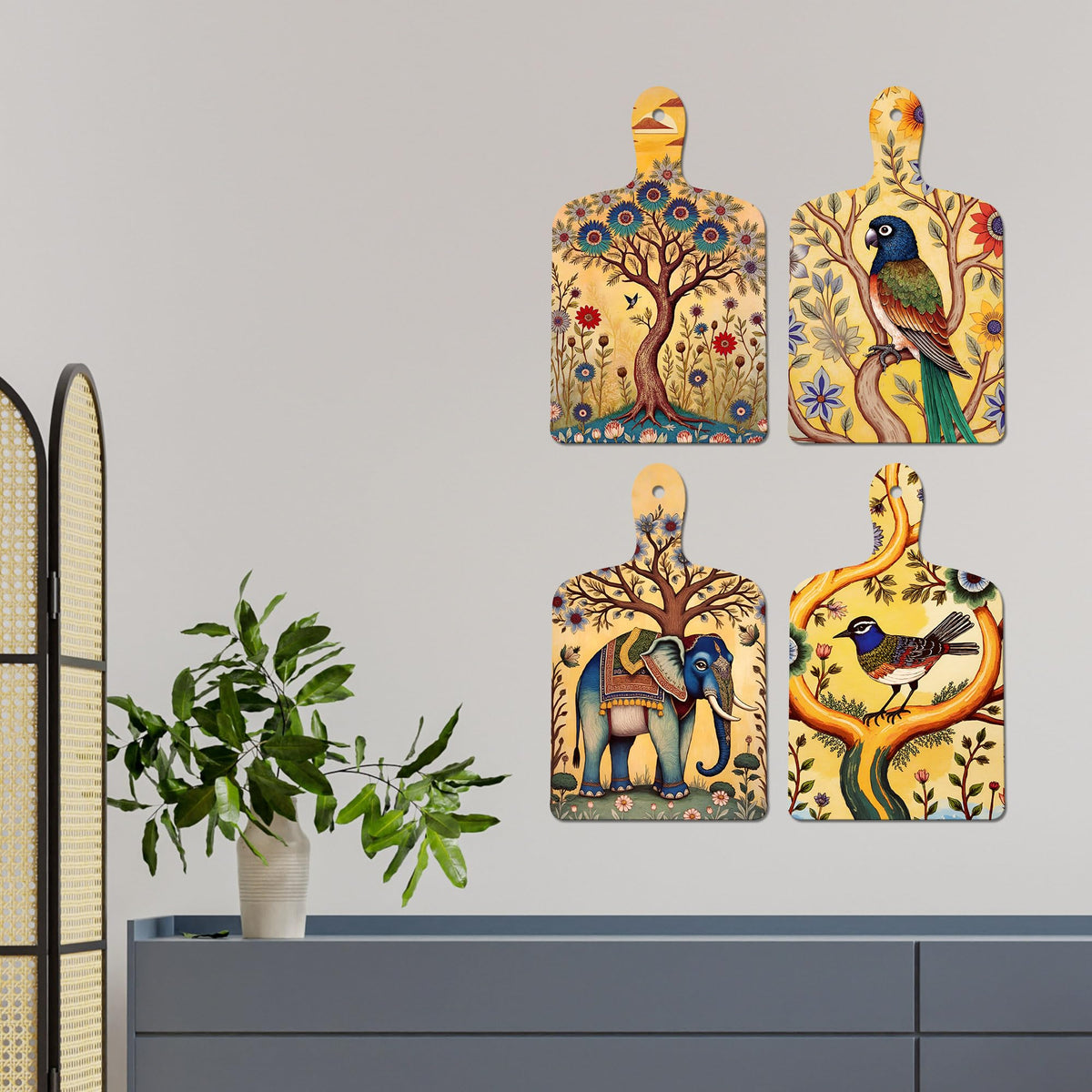 Artvibes Elephant Parrot Sparrow & Tree Ethnic Indian Modern Art Decorative MDF Wooden Wall Art for Home | Home Decor | Wall Accent | Artwork | Wall Art Print | Unique Gift Items (WH_5642N), Set of 4