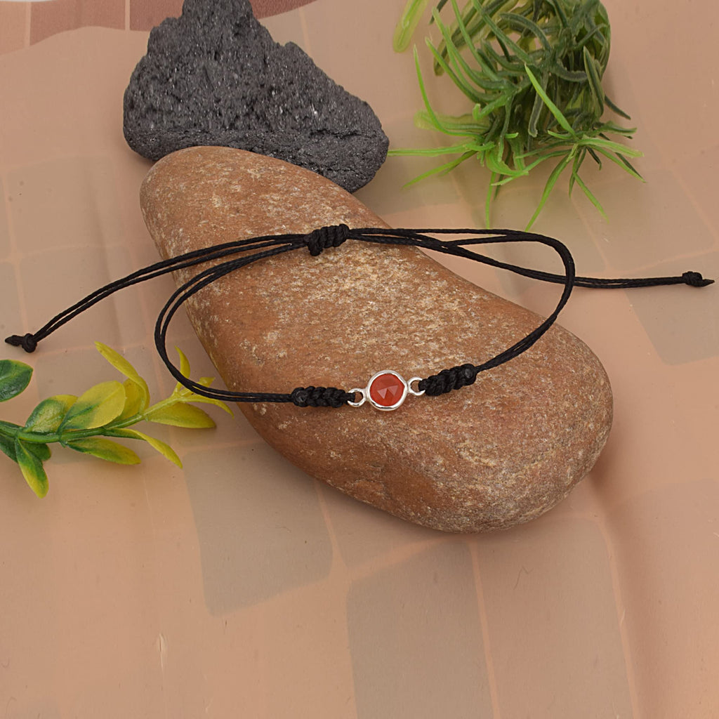 LBV 925 Sterling Silver Semi Precious Garnet Birth Stone in Black Thread Nazariya Bracelet For Boys and Girls Of 1 To 20 Years Free Size Adjustable