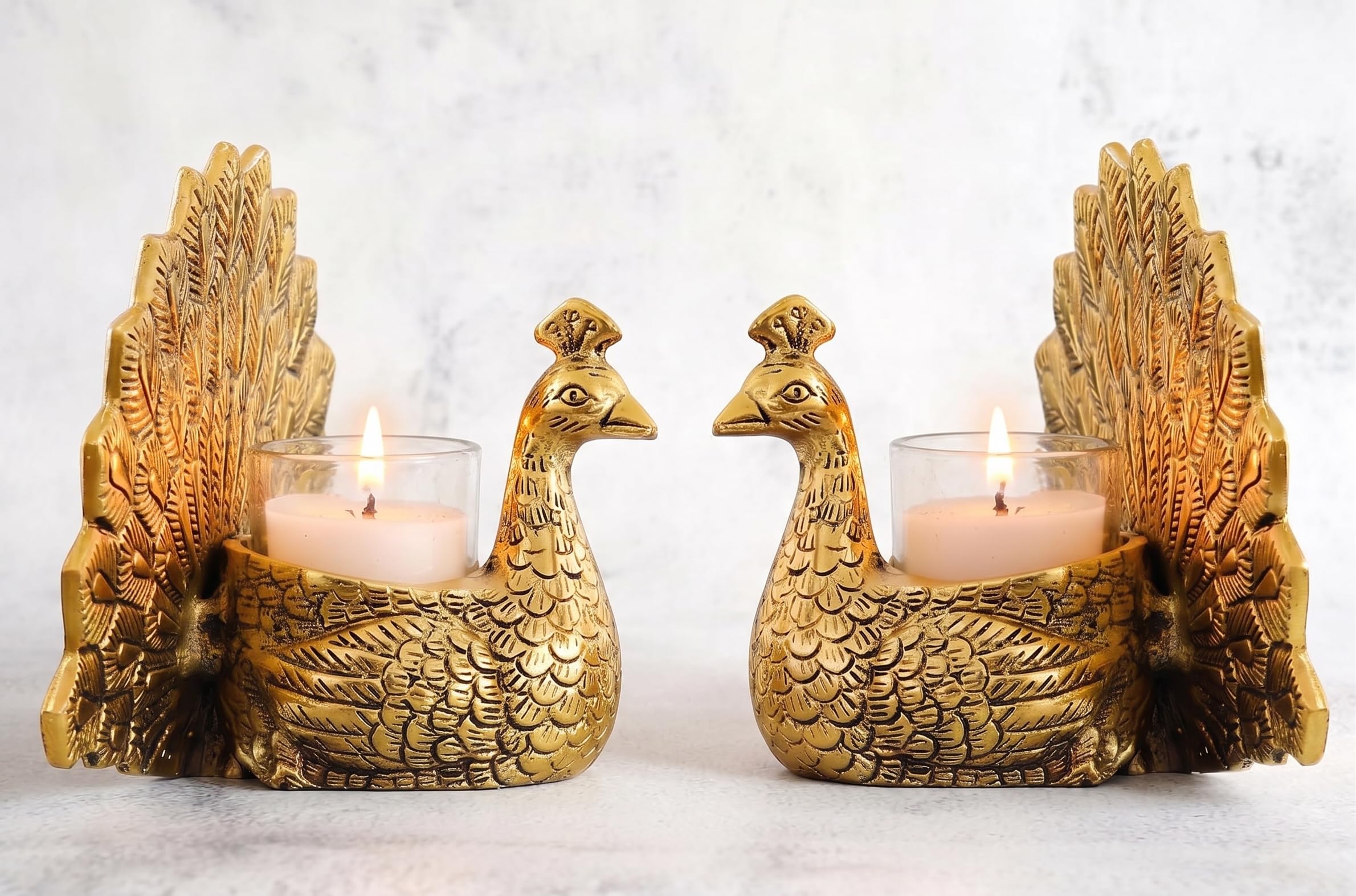 KridayKraft Metal Dancing Peacock Pair Vastu Figurine for Good Luck, Love and Prosperity | Aluminium Votive Candle Holder Showpiece for Diwali, Housewarming and Anniversary Gifting | Set of 2