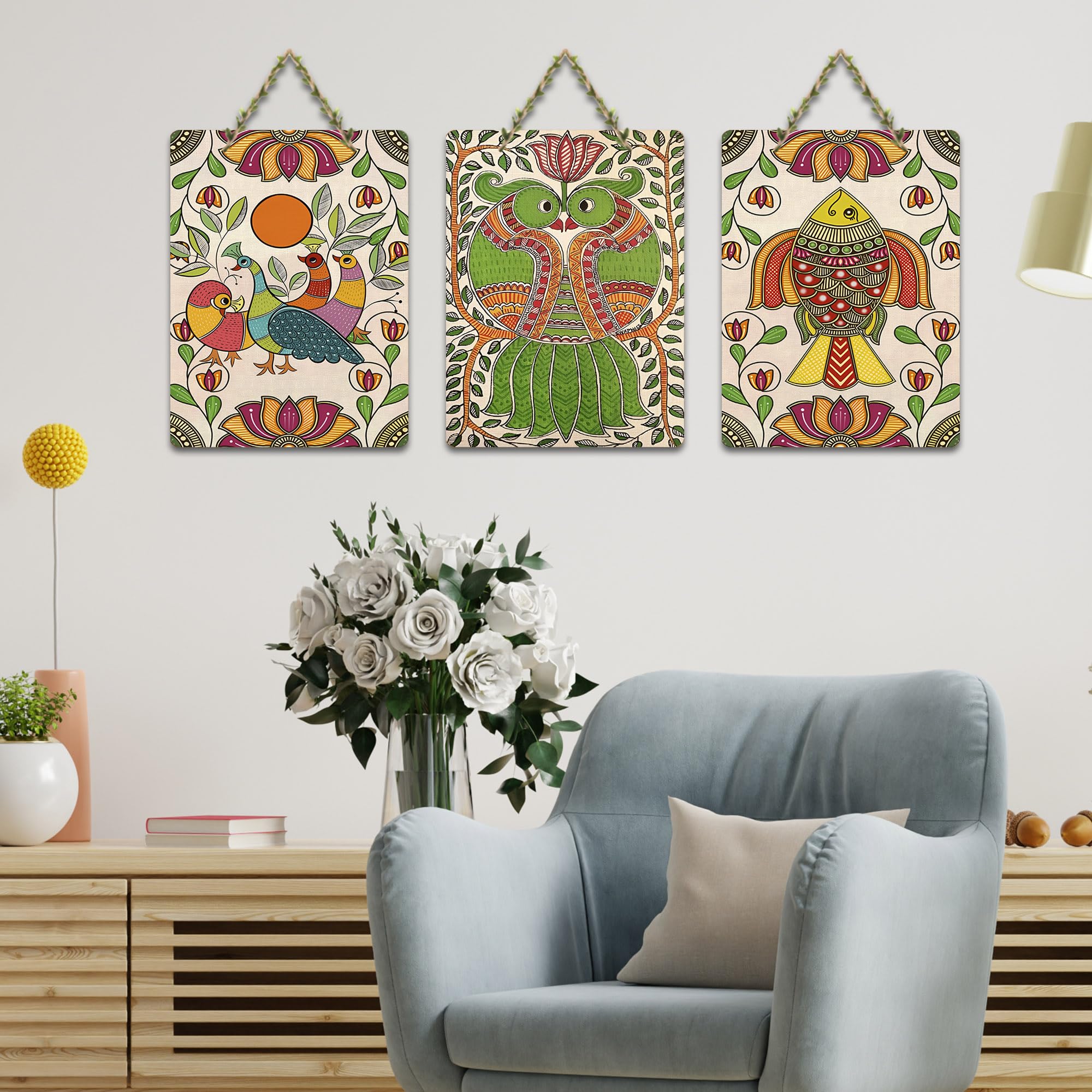 Artvibes Birds & Fish Traditional Indian Folk Art Home Decorative MDF Wooden Wall Art for Home | Office | Cafe | Aesthetic Wooden Decor | Graphic Artwork | Unique Gift Items (WH_9636N), Set of 3