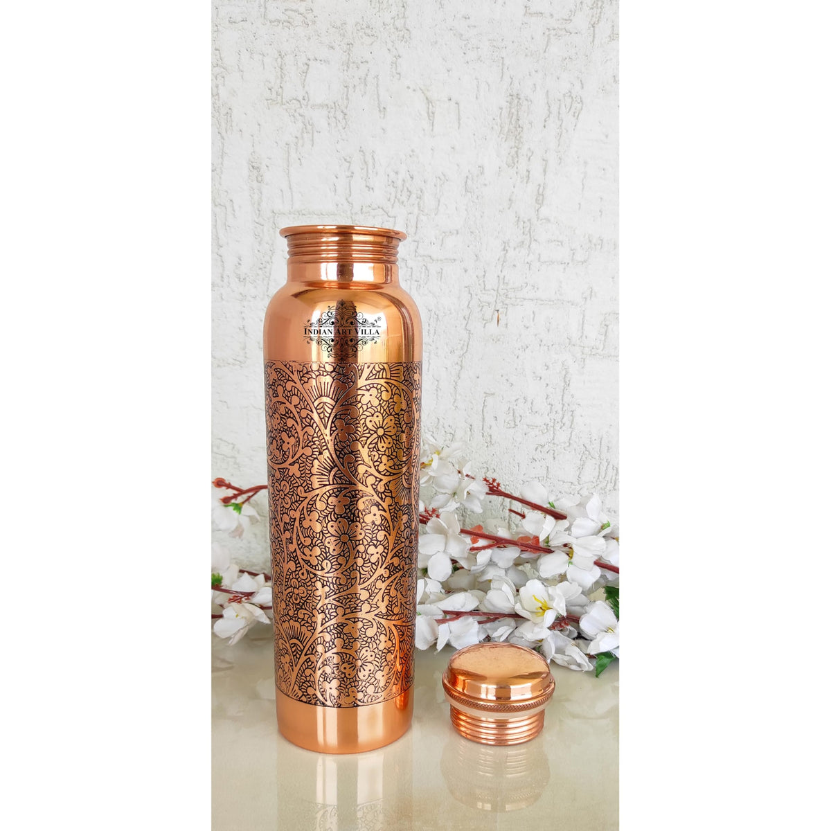 Indian Art Villa Copper Water Bottle, Dark Embossed Design, Ayurvedic Health Benefits, Brown (900 ml/0.9 Litre)