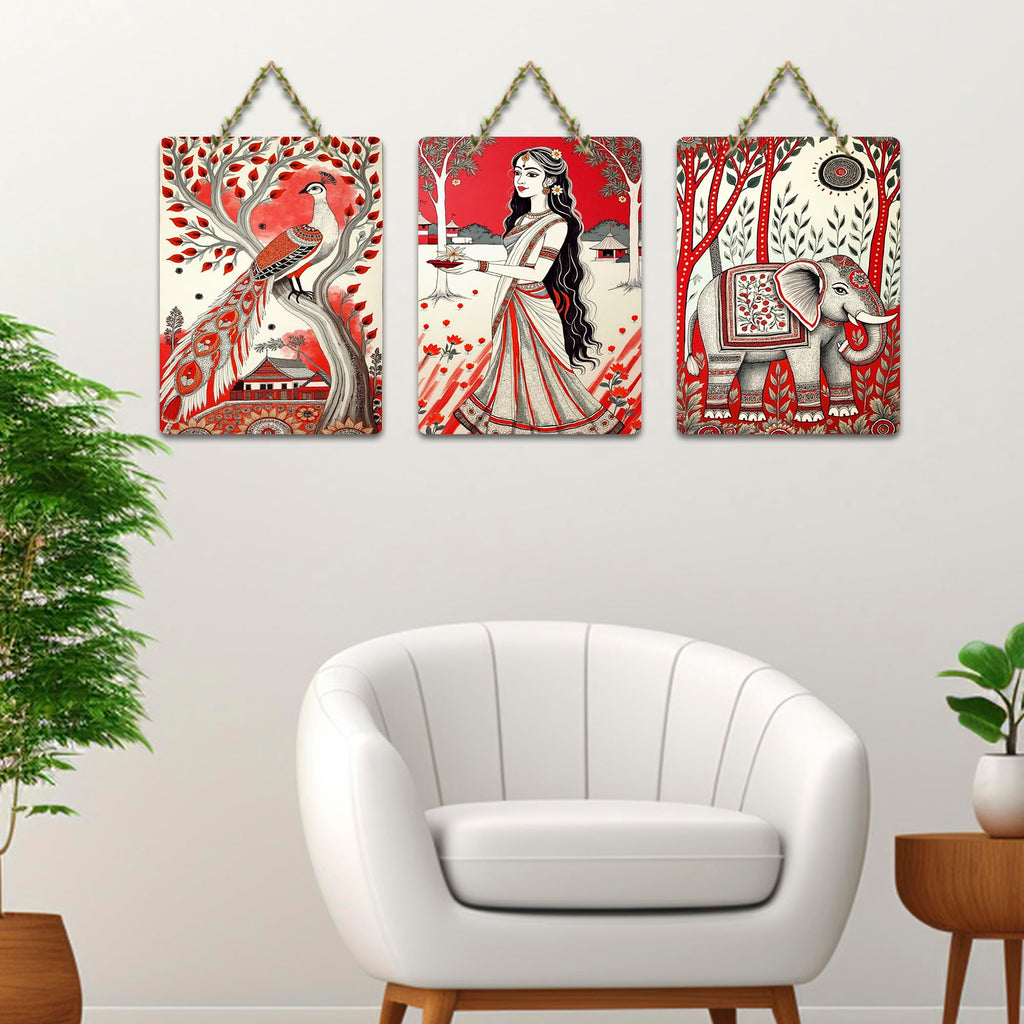 Artvibes Traditional Indian Nature Wall Decor Decorative Wall Art MDF Wooden Wall Hanger for Living Room | Home Decor | Wall Accent | Aesthetic Wooden Decor | Ideal Gifts (WH_96107N), Set of 3