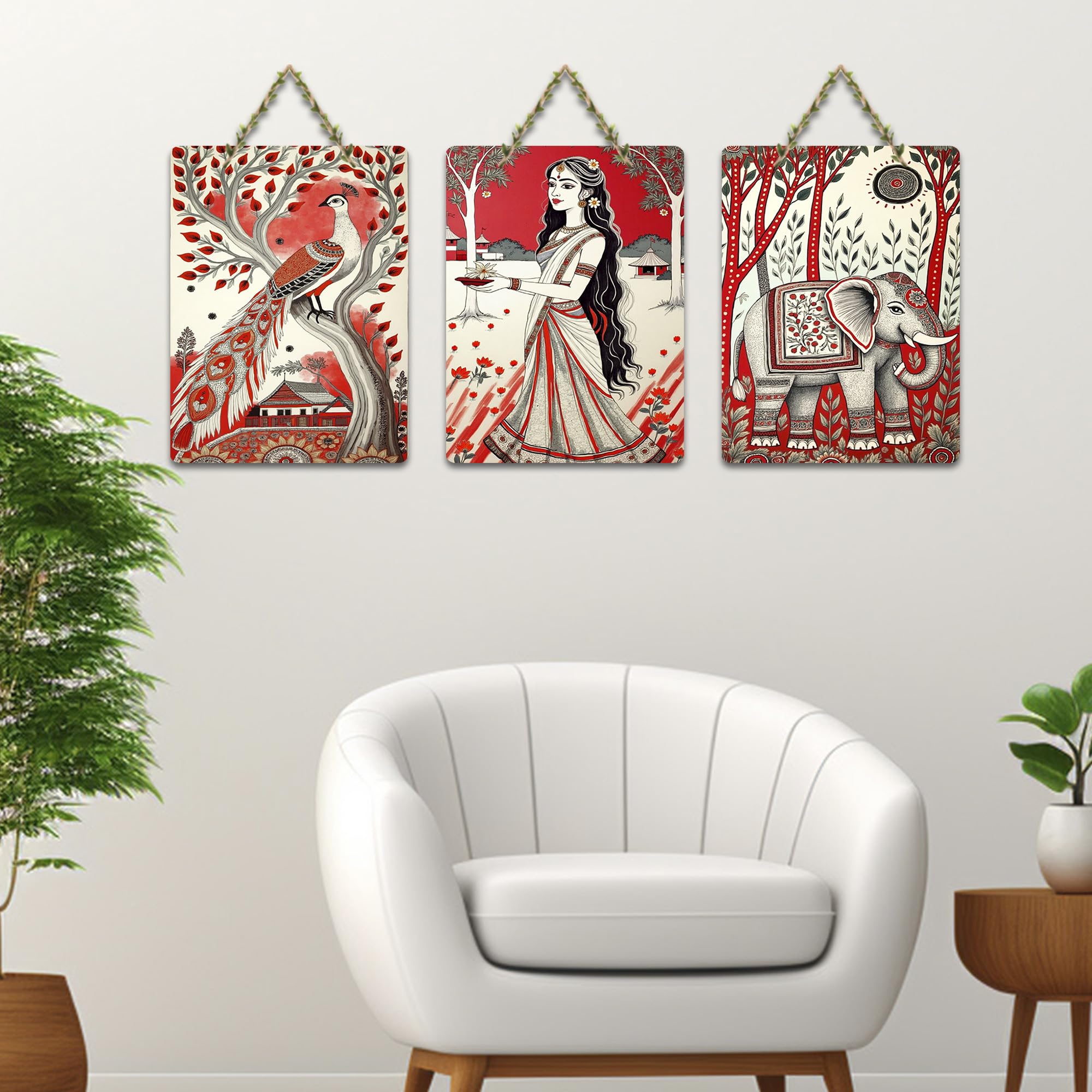 Artvibes Traditional Indian Nature Wall Decor Decorative Wall Art MDF Wooden Wall Hanger for Living Room | Home Decor | Wall Accent | Aesthetic Wooden Decor | Ideal Gifts (WH_96107N), Set of 3