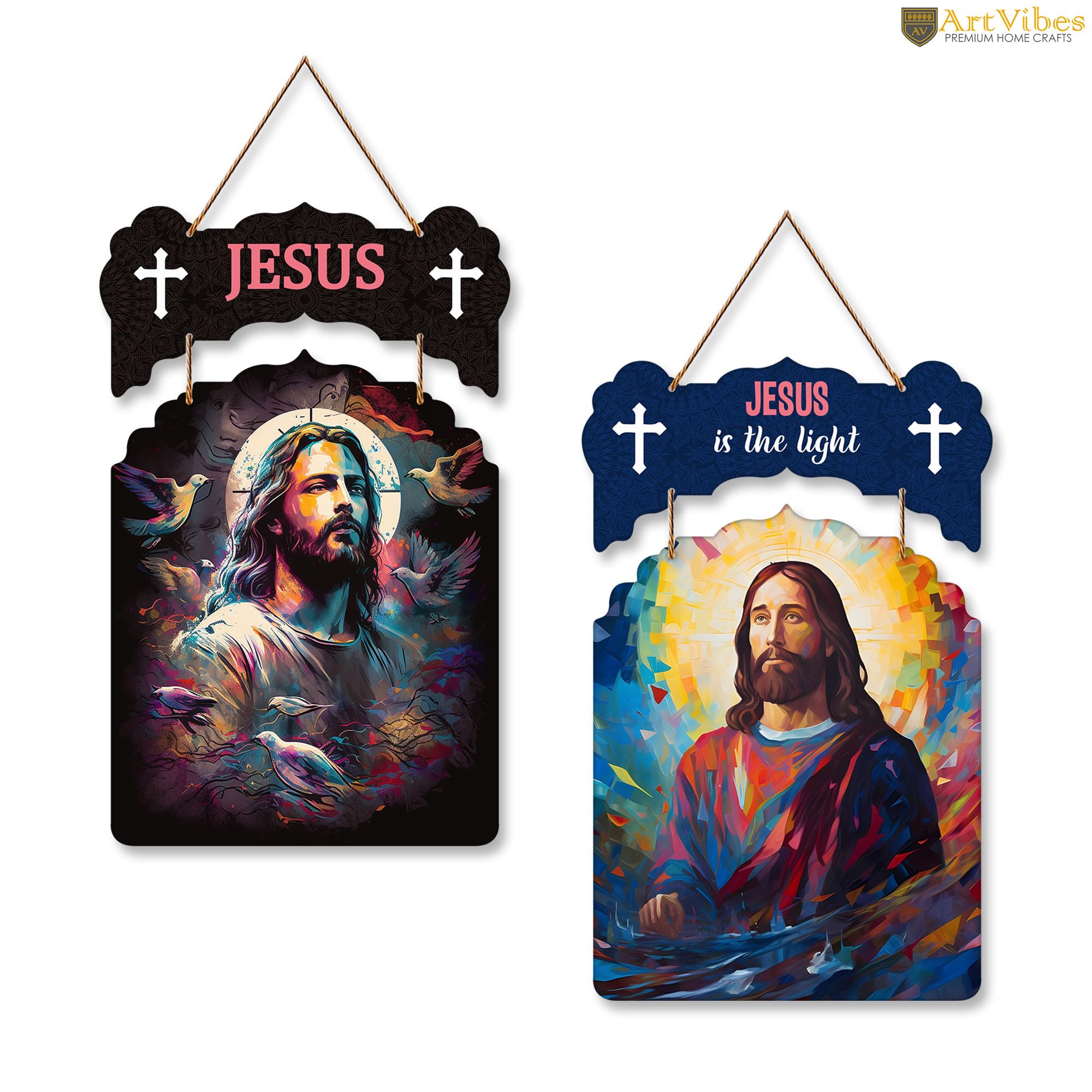 Artvibes Jesus Christ Designer Wooden Wall Hanging Decoration Items for Home Decor | Spiritual Decor Items | Religious Wall Art | Wall Poster | Modern Decor Items | Unique Gift (WH_9203N), Set of 2