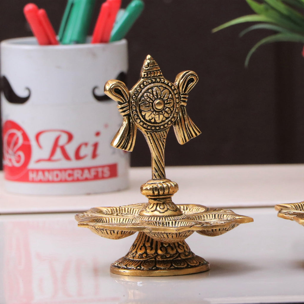 Kridaykraft Metal Tirupati Balaji Panch Mukhi Diya with Chakar Stand Gold Plated for Home and Office Pooja Room Decoration 5 batti Diya