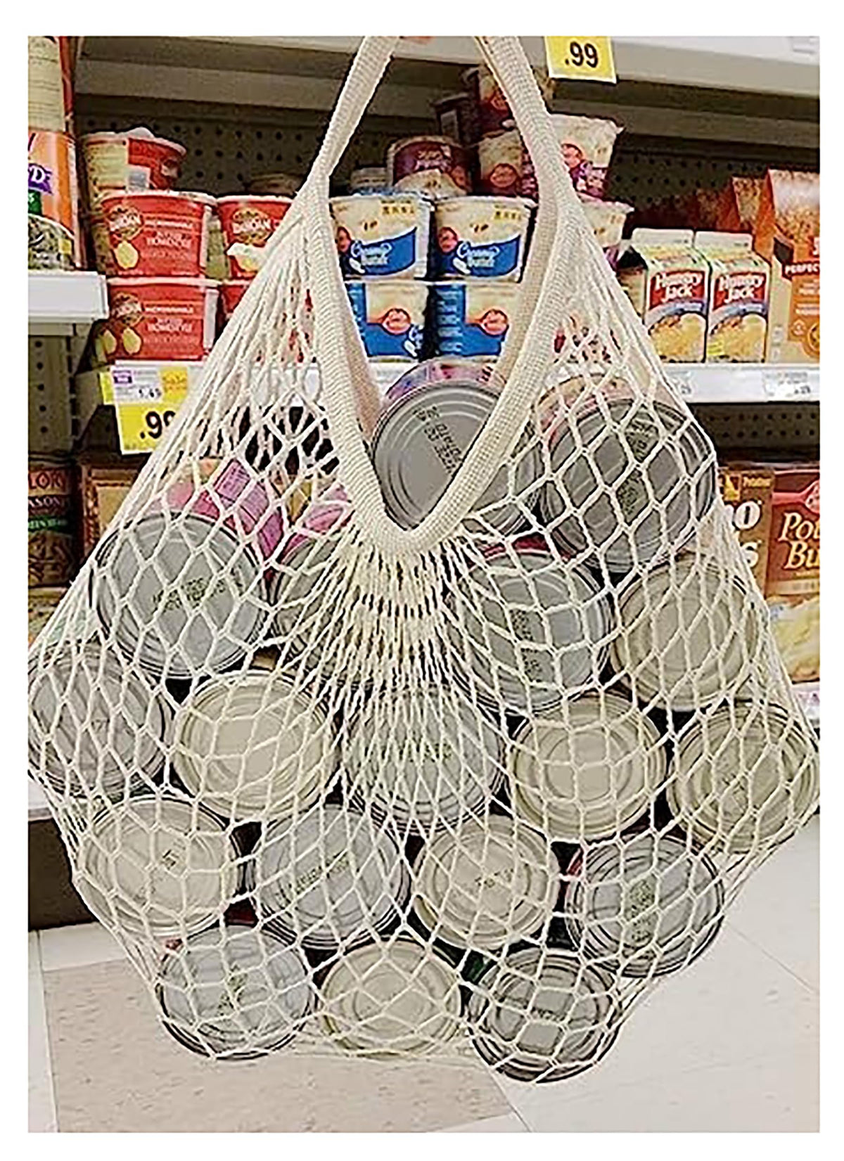 MSK Looms Eco Friendly Light Weight Cotton Net String Bag with Short Handle, Reusable Produce Bag for Fruits and Vegetable - White