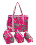 NIKAVIK 1 Tote Bag and 3 Pouches | Jaipuri Quilted fabric Handblock Printed Tote Bag (with zip closure and bottle compartment) with Matching Pouches (Dark Pink)