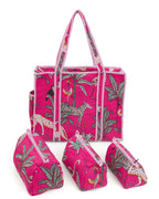 NIKAVIK 1 Tote Bag and 3 Pouches | Jaipuri Quilted fabric Handblock Printed Tote Bag (with zip closure and bottle compartment) with Matching Pouches (Dark Pink)