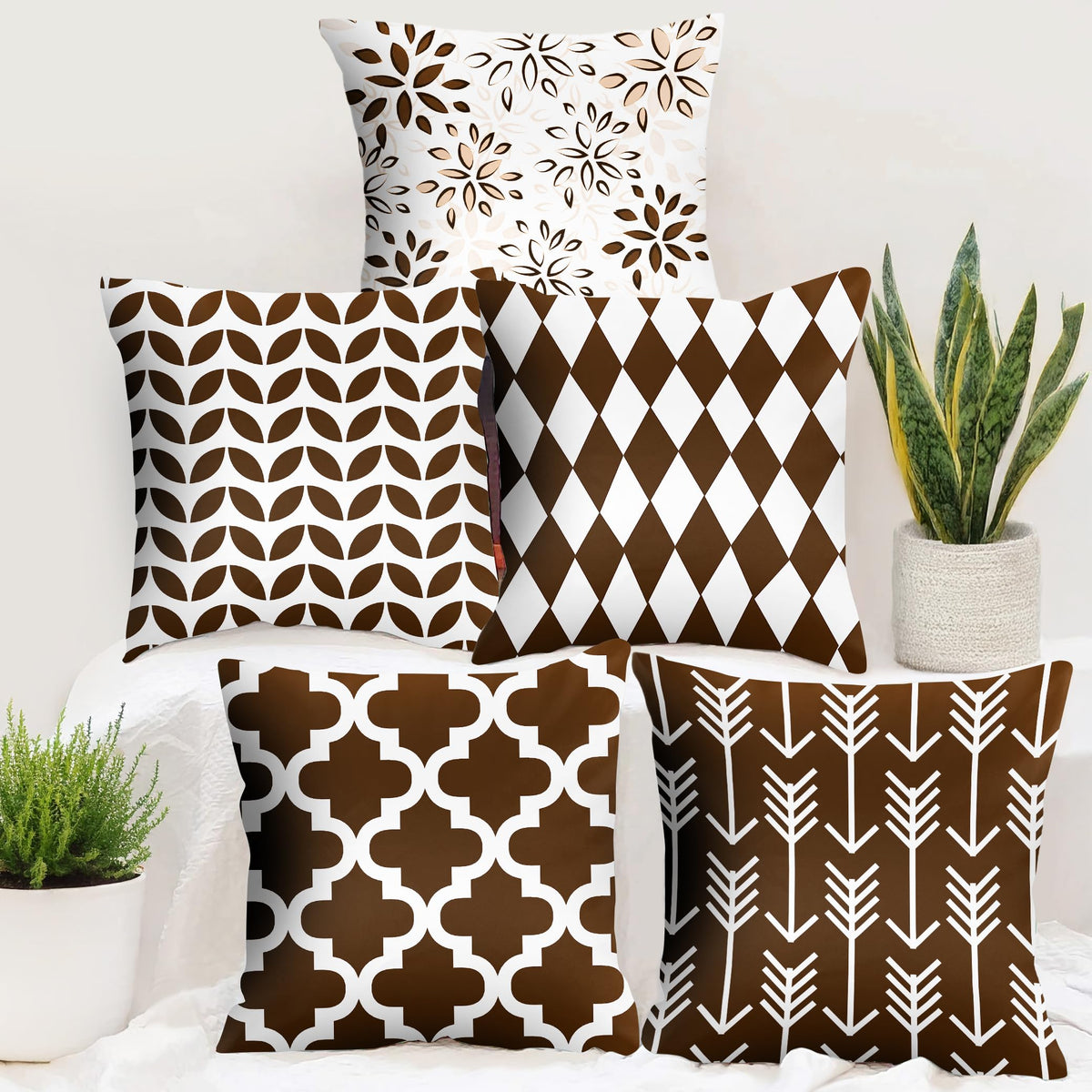 Story@Home Brown & White Geometric Cushion Cover Set of 5 | 16 x 16 Inch | Digital Printed Decorative Pillow Covers | Soft Polyester Cushion Covers for Sofa, Living Room, Bedroom & Home Décor