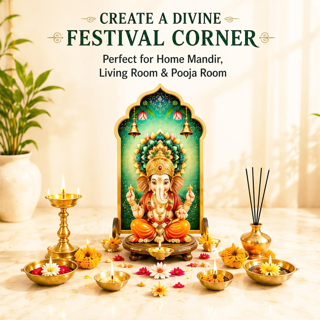 Ganpati Decoration Setup for Home, Premium MDF Ganesh Chaturthi Backdrop Stand, 1 Panel Traditional Mandap Decor for Pooja, Aarti, Festival & Housewarming, Suitable for up to 12 Inches Ganpati.