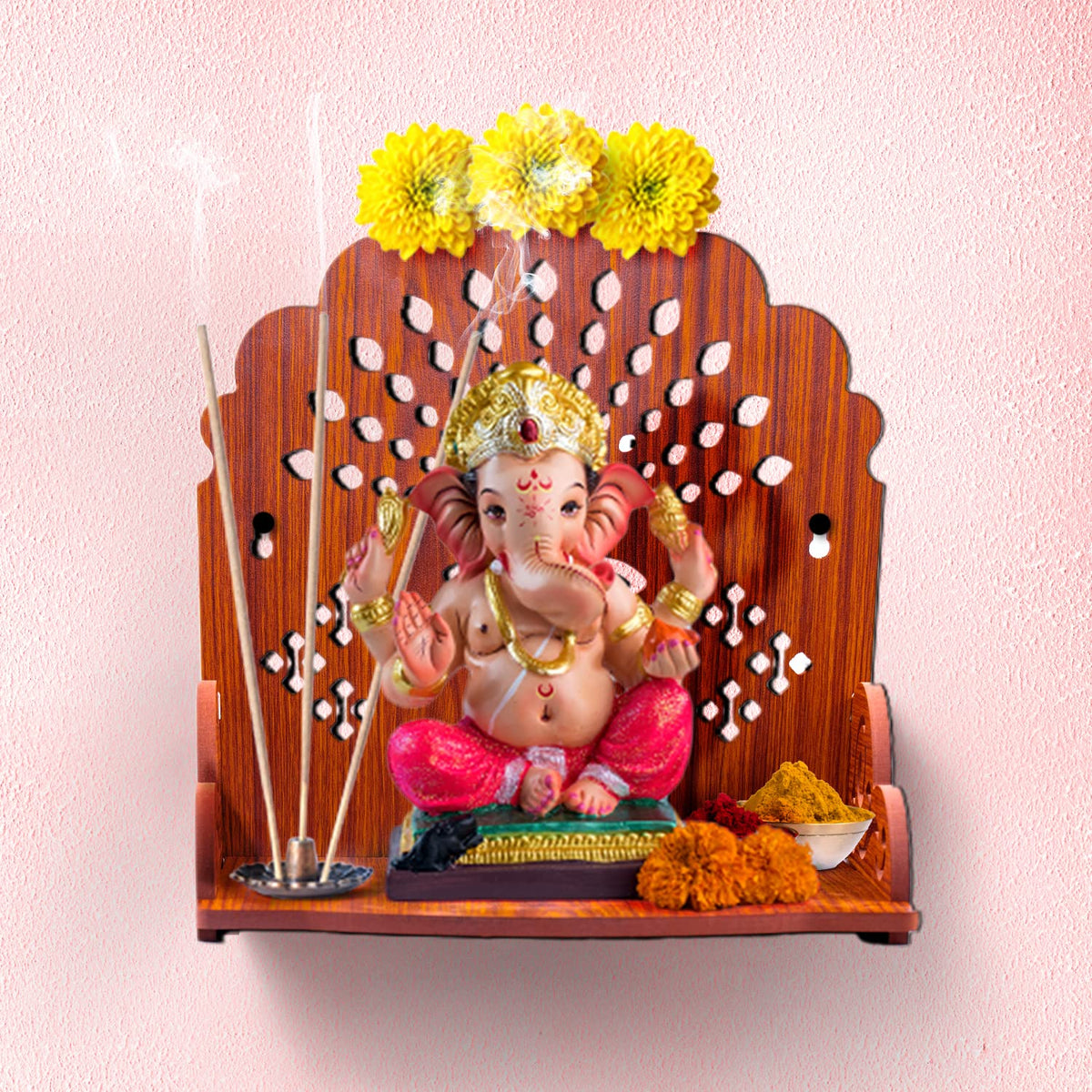 Tarini Gallery Wooden Temple Wall Mounted Hanging Table top Pooja Mandir God Stand Shelf for Home Office and Gifting (Ganesh)
