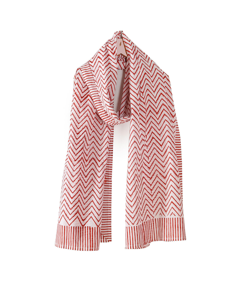 Ravaiyaa - Attitude is everything Hand Block Printed Cotton Long Stole Scarves Hijab Neck Wrap Scarf 71 X 21 Inch (White Red Waves)
