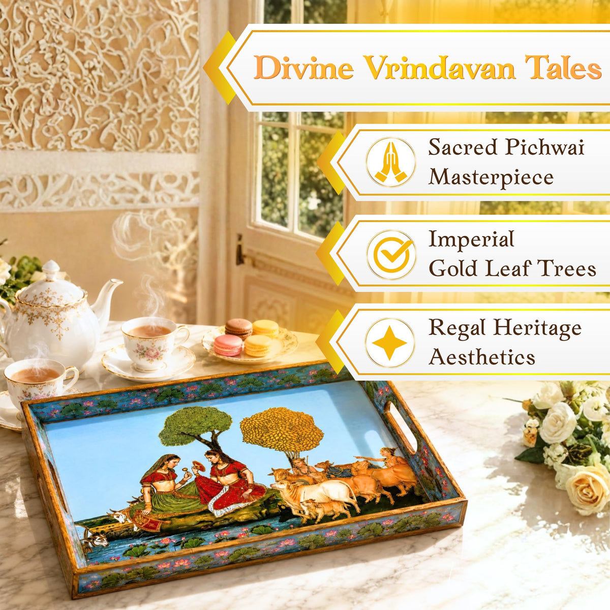 Pavitra Uphaar Vrindavan Tales Serving Tray, Solid Wood, Handcrafted, Sacred Pichwai Art, Gold Leaf (Large)