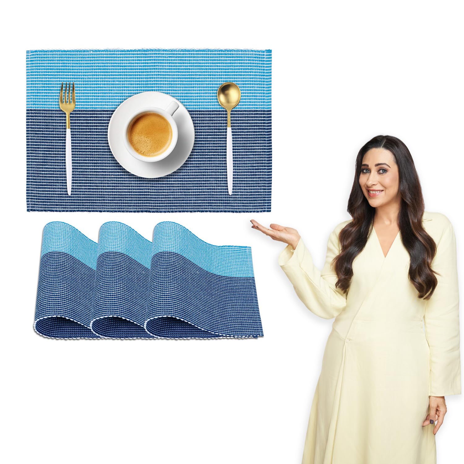HOKIPO ® IN71 Ribbed Cotton Table Mats Washable, Blue - Set of 4 Kafalo