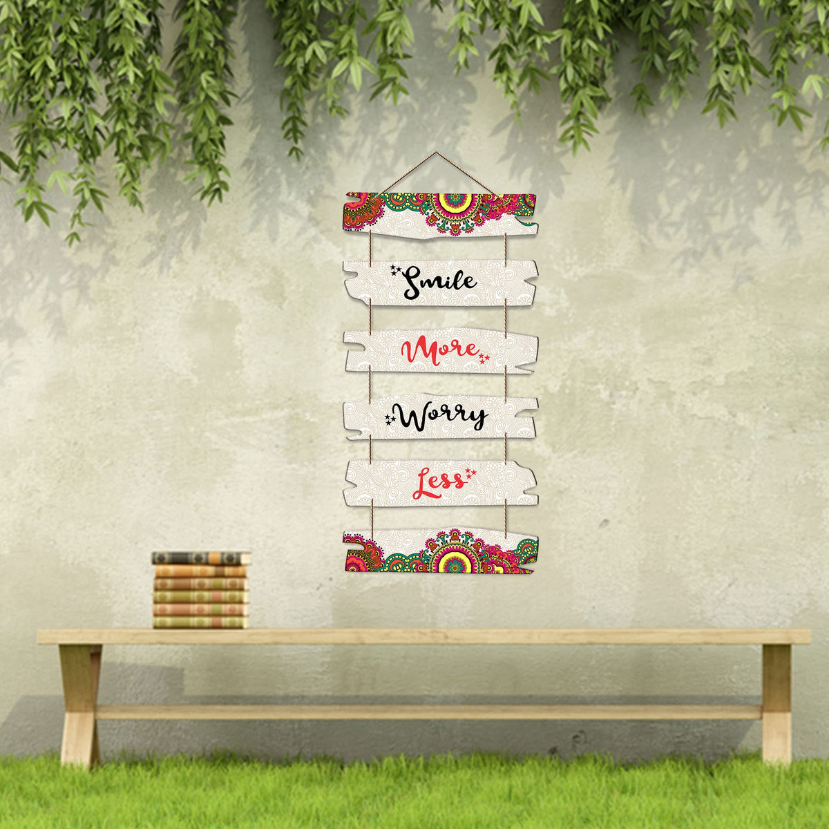 Artvibes Smile More Worry Less Wall Hanging Wooden Art | Quotes Decor Item | Wall Illustrations | Office Wall Decoration Items | Wall Art Print | Inspirational quotes | Gift Items (WH_3237NN)