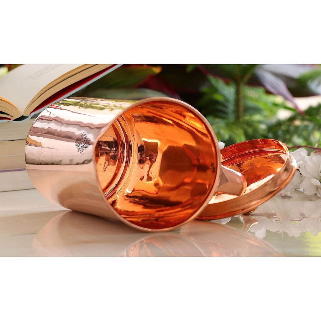 Indian Art Villa Plain Shine Design Copper Jug Pitcher with Brass Knob, Storage & Serving Water, Yoga Ayurveda Healing, Volume- 2000 ML