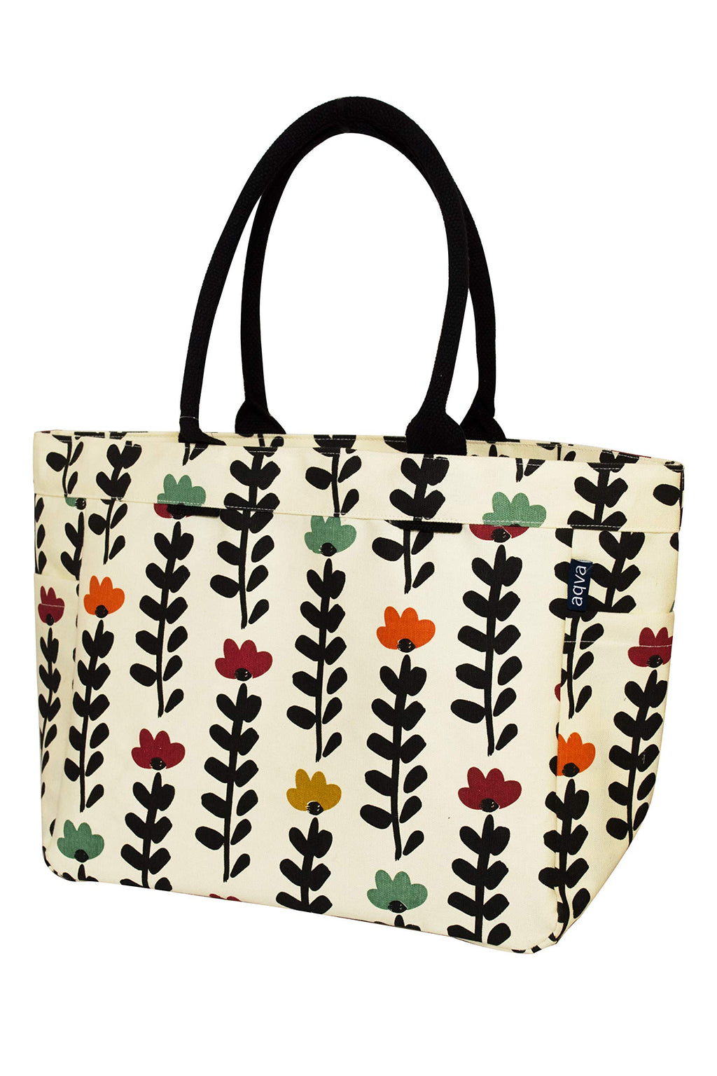 AQVA Cotton Canvas Tote Bag for Women | Trendy Stylish Multipurpose Handbag with Inside Pockets and Zipper | Shoulder Bag for Shopping, Beach, Travel and Work | Floral, Black Stem