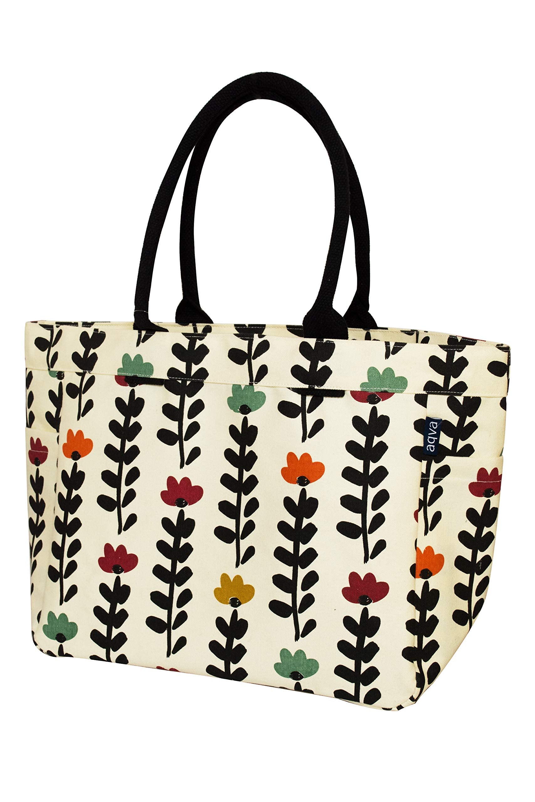AQVA Cotton Canvas Tote Bag for Women | Trendy Stylish Multipurpose Handbag with Inside Pockets and Zipper | Shoulder Bag for Shopping, Beach, Travel and Work | Floral, Black Stem