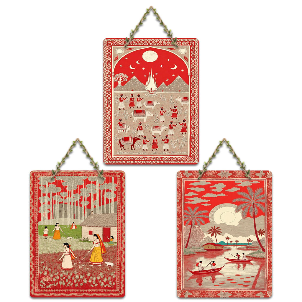 Artvibes Cultural Folk Life Wooden Wall Hanger for Home Decor | Festive Decor Art | Decoration Wall Hanging Items | Wall Sculpture | Wall Poster | Aesthetic Wall Art | Ideal Gift (WH_9673N), Set of 3