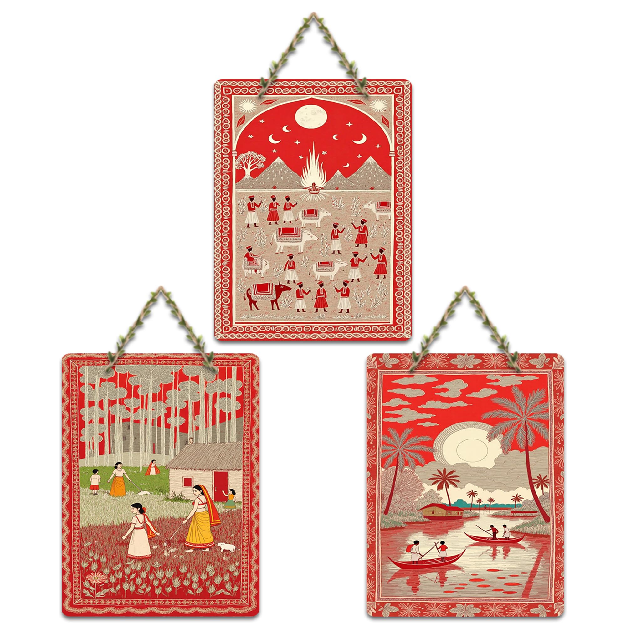 Artvibes Cultural Folk Life Wooden Wall Hanger for Home Decor | Festive Decor Art | Decoration Wall Hanging Items | Wall Sculpture | Wall Poster | Aesthetic Wall Art | Ideal Gift (WH_9673N), Set of 3