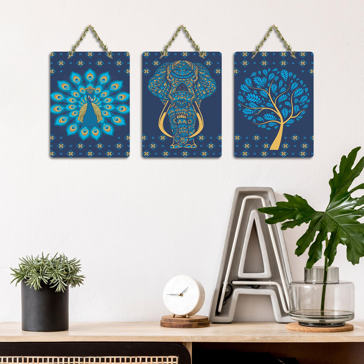 Artvibes Elephant & Peacock Aesthetic Modern Art Wooden Wall Hanger for Home Decor | Art For Wall | Door Decoration Items | Graphic Artwork | Aesthetic Wooden Decor | Unique Gift (WH_96150N), Set of 3
