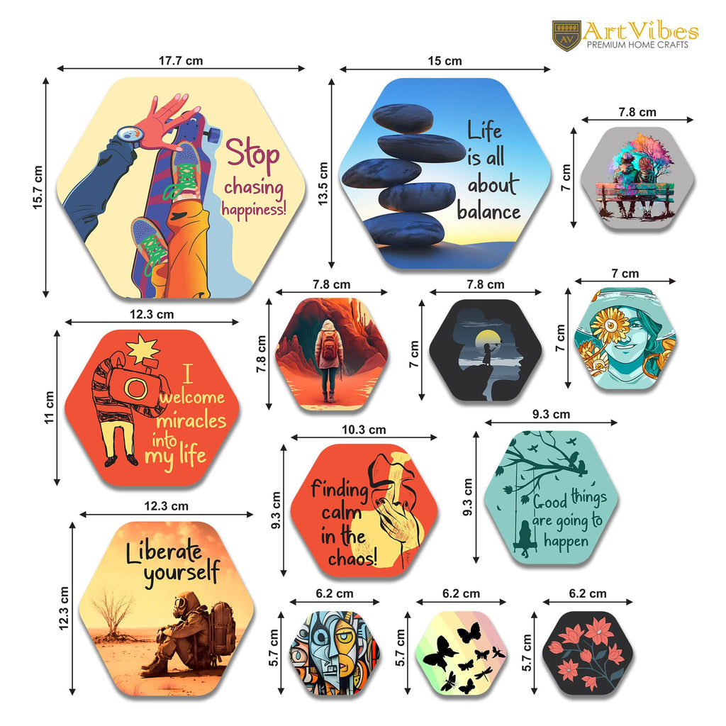Artvibes Life Is All About Balance Hexagon Shape MDF Wooden Wall Decor Items | Quotes Decor Item | Wall Poster | Office Decor | Wall Art Print | Inspirational quotes | Gift Items (WPS_209N), Set of 13
