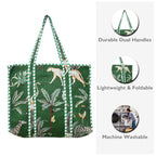 Cotton Quilted Tote Bag for Women, Jungle Print Handbag, Reusable Shoulder Bag with Dual Handles, Lightweight Travel Shopping Tote, Large Capacity Everyday Carry Bag- (Green bag, 15×15 In)