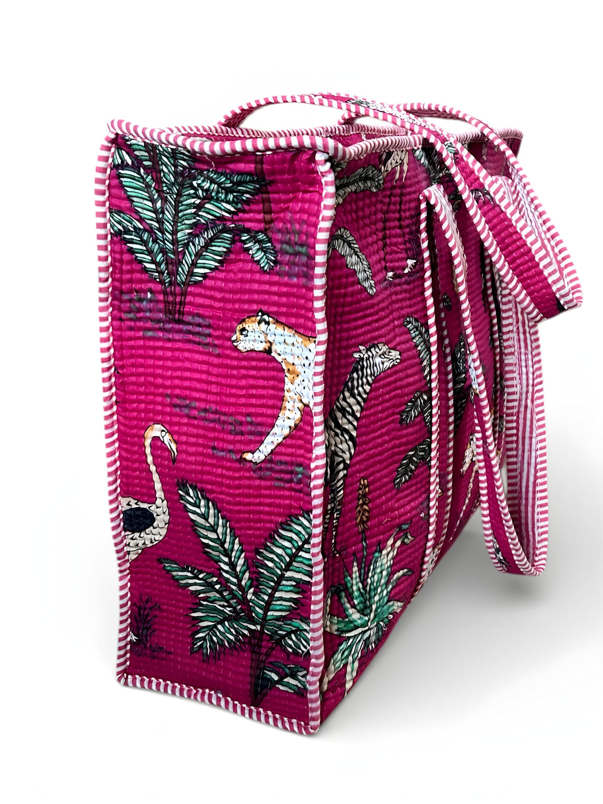 Handcrafted Quilted Cotton Tote Bag for Women, Printed Shoulder Bag with Jungle Animal Pattern, Lightweight Reusable Shopping & Daily Carry Tote, Large Size 18 x 18 x 5 Inches (Red)
