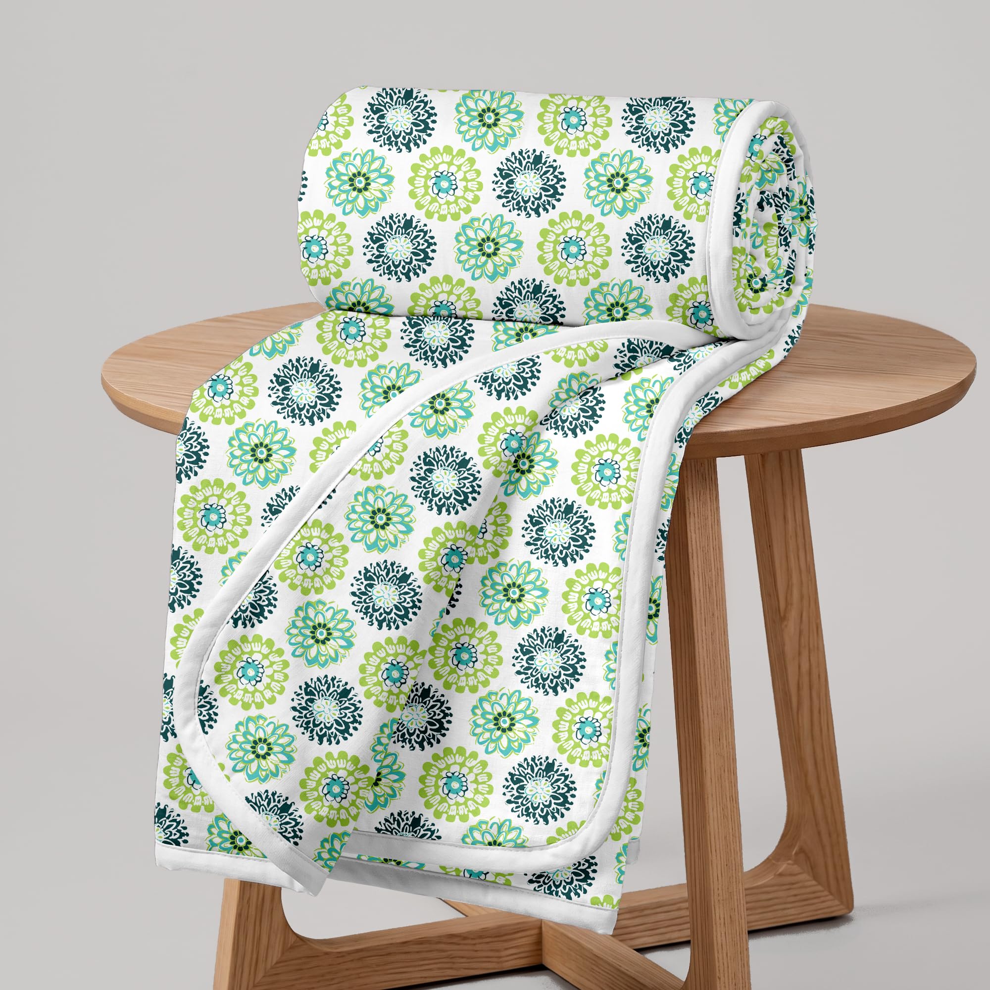 Divine Casa Floret 100% Cotton Single Dohar | 120 GSM | Soft & Lightweight Throw Blanket | Cozy & Breathable Bedding | All-Season Comfort | 210 x 140 CM, Green Blue Kafalo