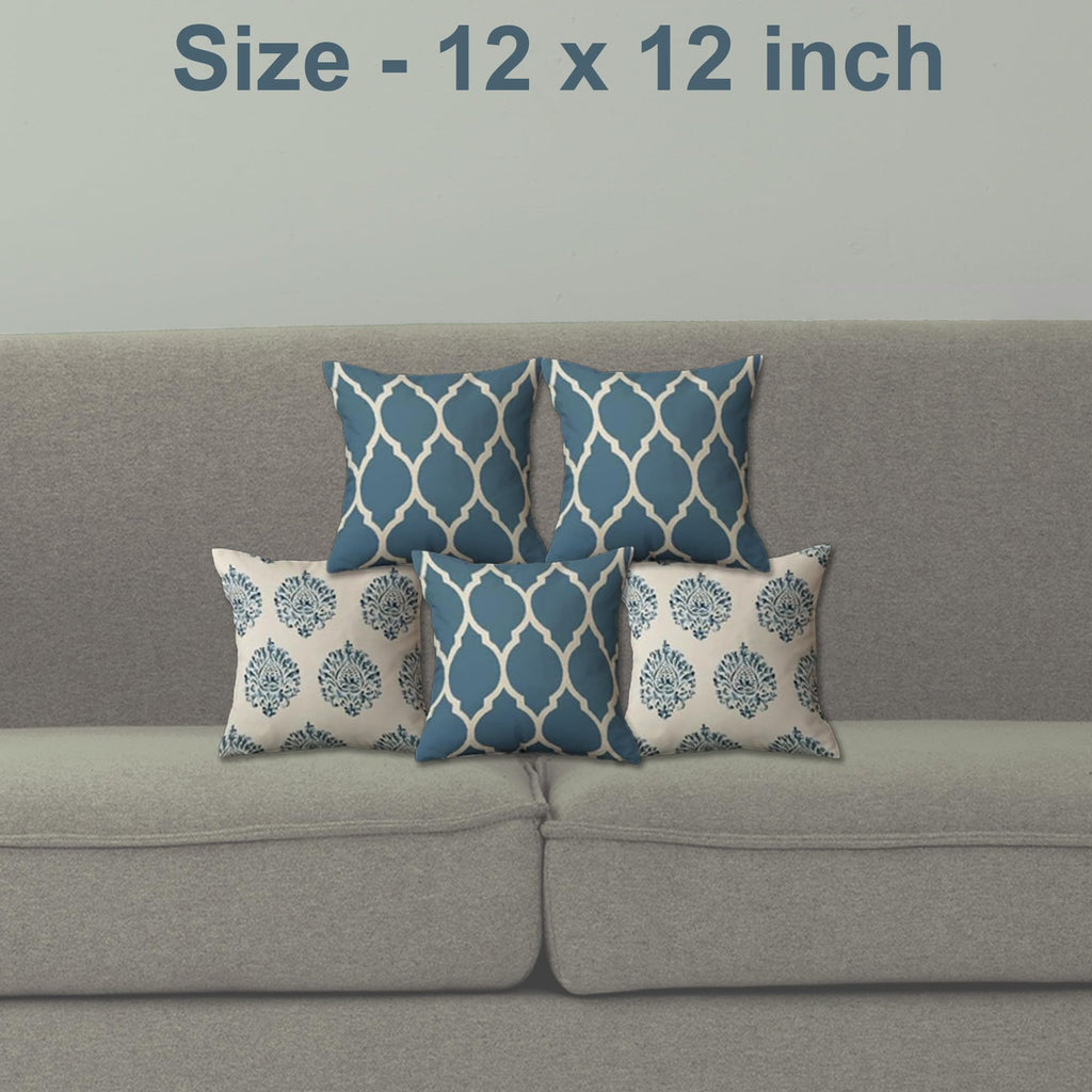 Trance Home Linen Small 12x12 inch Set of 5 Premium 100% Cotton 1Cushion Covers Only | Small Cushion Covers Only (12x12 inch | 30cmx30cm, Dori & Damask Blue) Set of 5-180 TC
