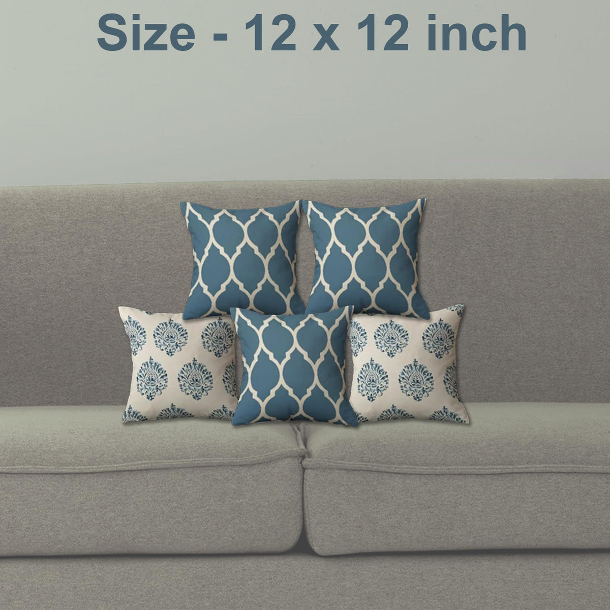 Trance Home Linen Small 12x12 inch Set of 5 Premium 100% Cotton 1Cushion Covers Only | Small Cushion Covers Only (12x12 inch | 30cmx30cm, Dori & Damask Blue) Set of 5-180 TC