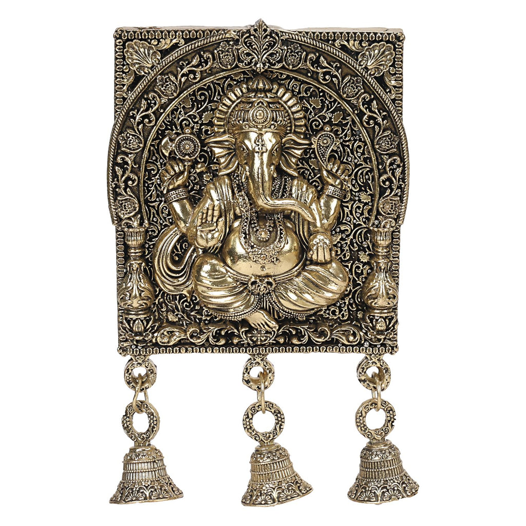 ARTVARKO Brass Ganesh Ganesha Wall Hanging Idol with Bells for Puja Gifting Entrance Home Decor 7 Inch