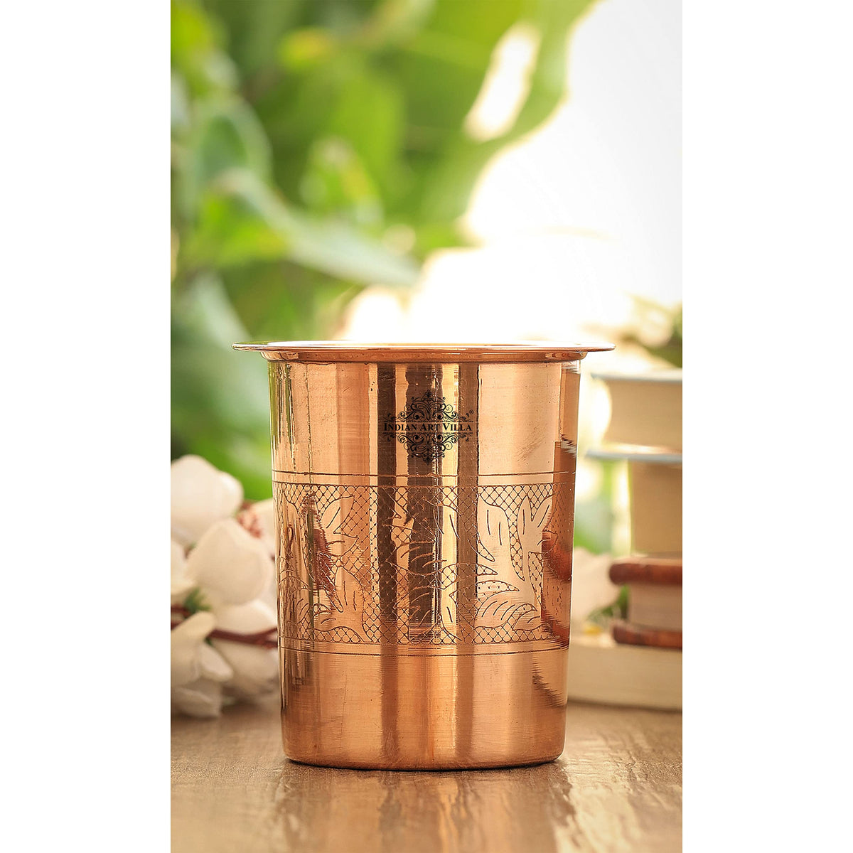 INDIAN ART VILLA Pure Copper Half Embossed Design Glass Tumbler Cup with Lid, Drinking Serving Water, Yoga Ayurveda, Volume-300 ML, Set of 6