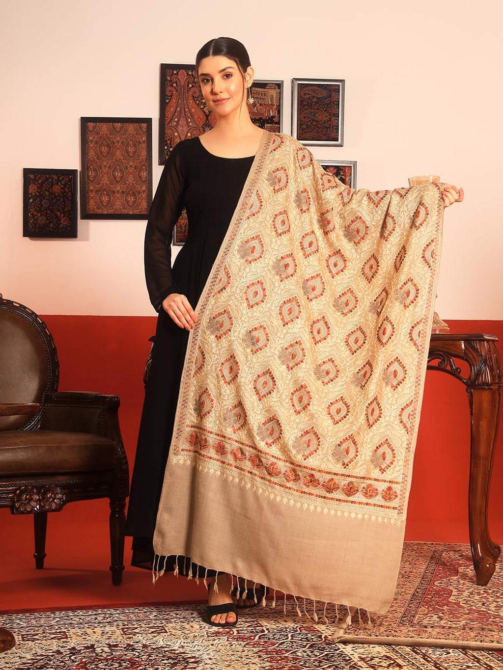 Pashmoda Women Ornate Harmony Fine Wool Nalki Embroidered Stole (Size : 28x80in, 71X203cm) EMST03