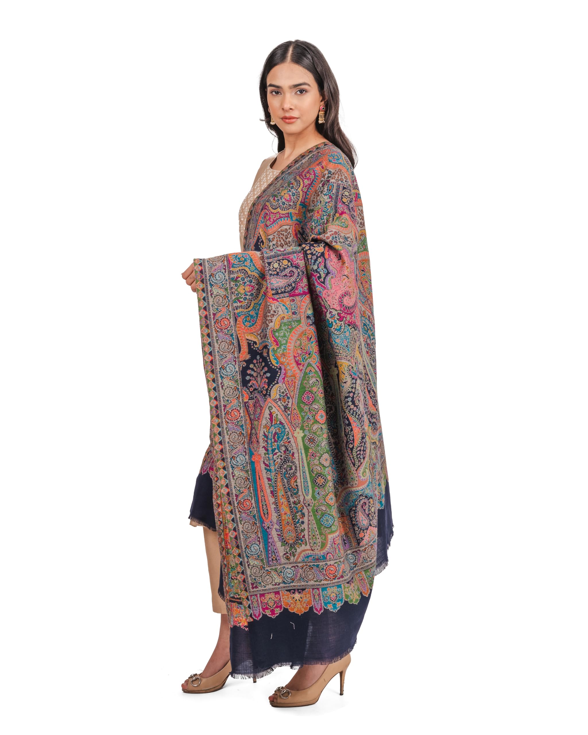 Naureen Women Pashmina Blend Kani Shawl with Paisley and Floral Artwork, Warm and Soft, 40x80 inches (Navy)