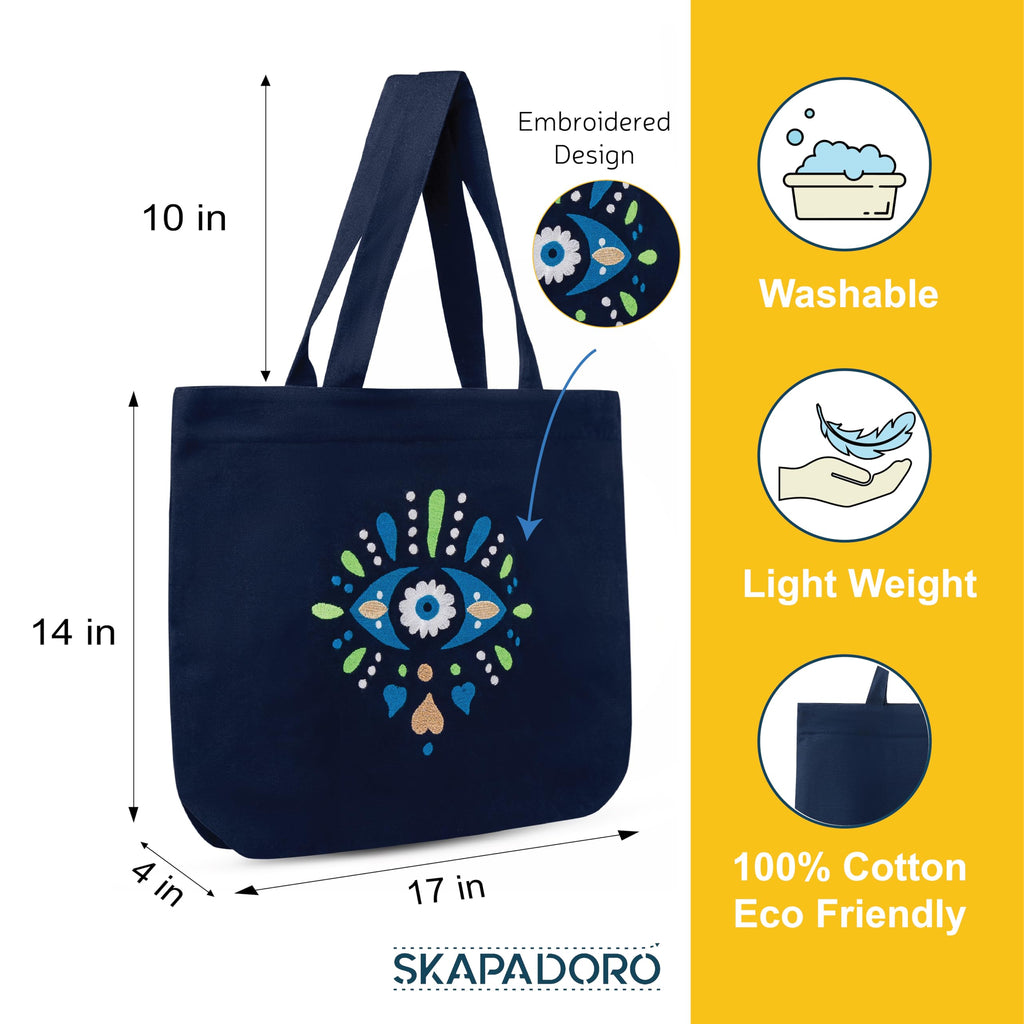 SKAPADORO Canvas Big Zip Handbag Tote,100% Cotton, Inner pocket, Unisex Embroidered Comfortable Bag for Travel Office Beach Shopping, Easy to Wash Trendy Everyday Shoulder Bag (Nazar Battu)